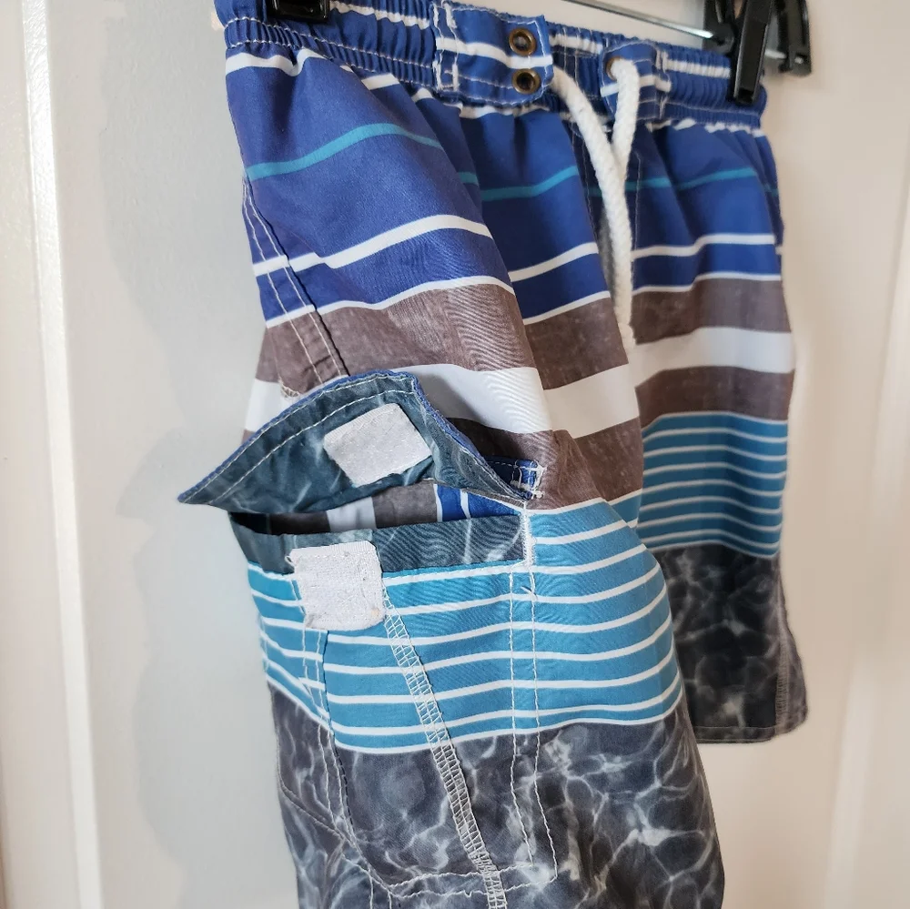 3T Quad Seven blue, gray and white swim trunks Vacation Spring Break beach shore